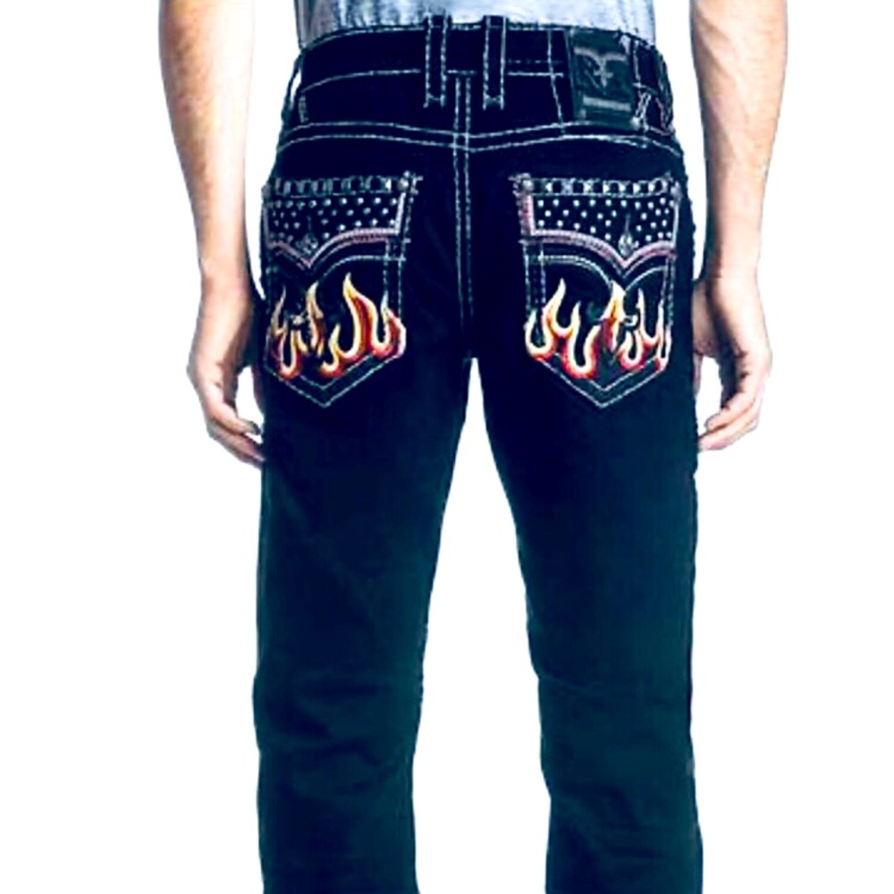 Rock Revival Men’s Quince Biker Slim Fit Black Studded Denim Flame Jeans NEW